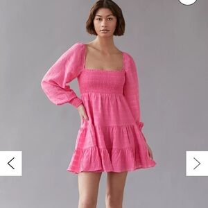 Urban Outfitters River Smock Long Sleeve Mini Dress- Pink